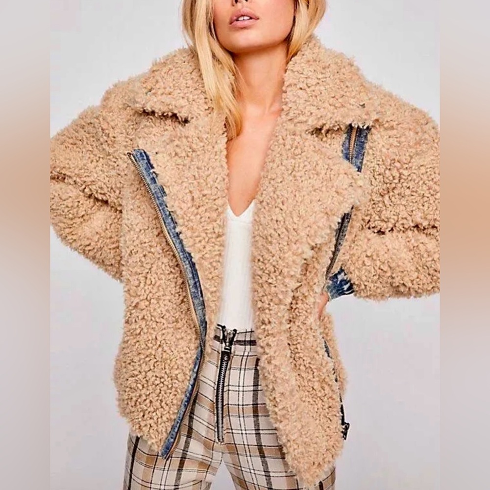 Free People Teddy Jacket Moto Biker Beige Size M